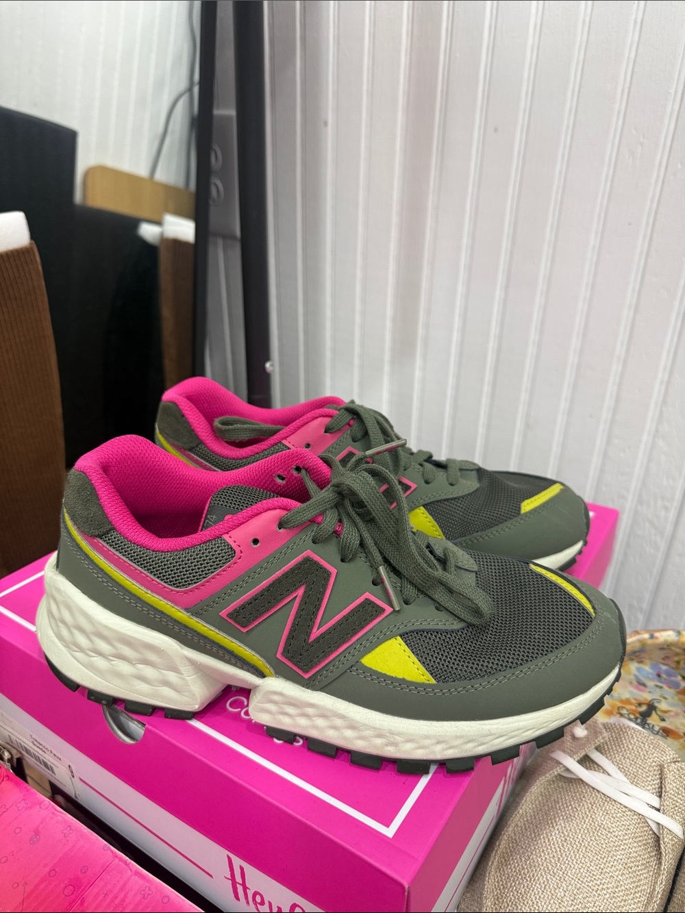 NWOTNew BalancexFigs Olive Green Sneakers with Hot Pink & Yellow Accents Unisex